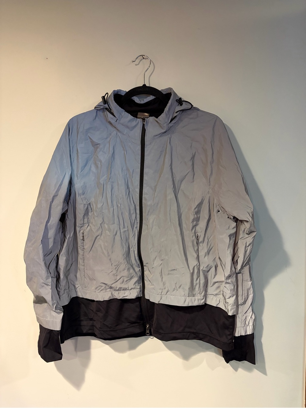 Athletic Light Gray Reflective Hooded Windbreaker Jacket with Black Hem